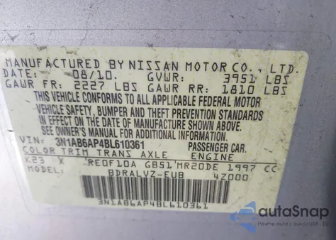 2011 Nissan Sentra 2.0Sl z USA, uszkodzony, nr VIN 3N1AB6AP4BL610361